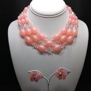 Vintage Japan Pink Beaded Necklace Earrings, Moonglow Lucite Crystal , 1950s
